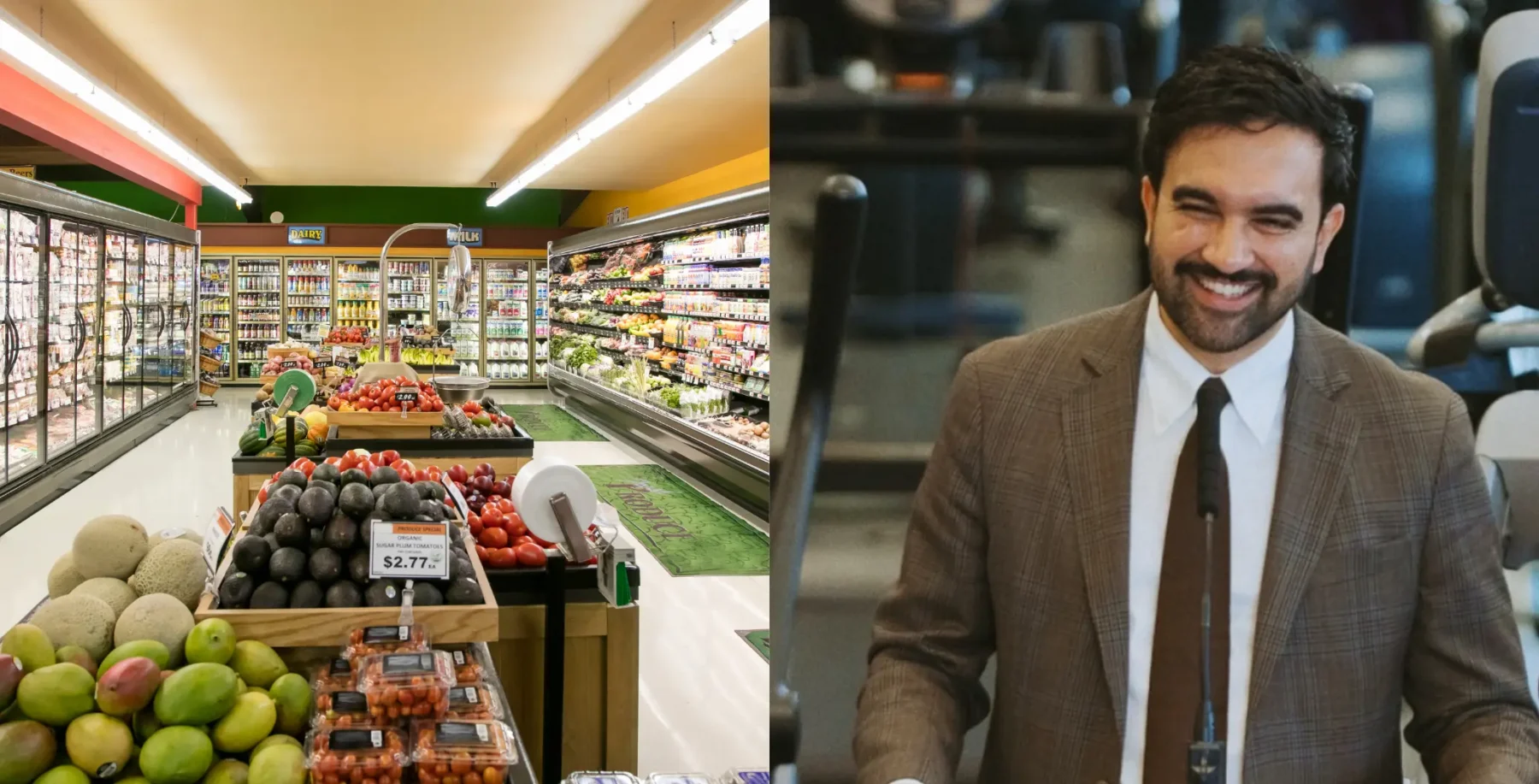 A grocery store aisle with fresh produce on the left and a smiling man in a suit on the right, related to Toronto's grocery plan discussion.