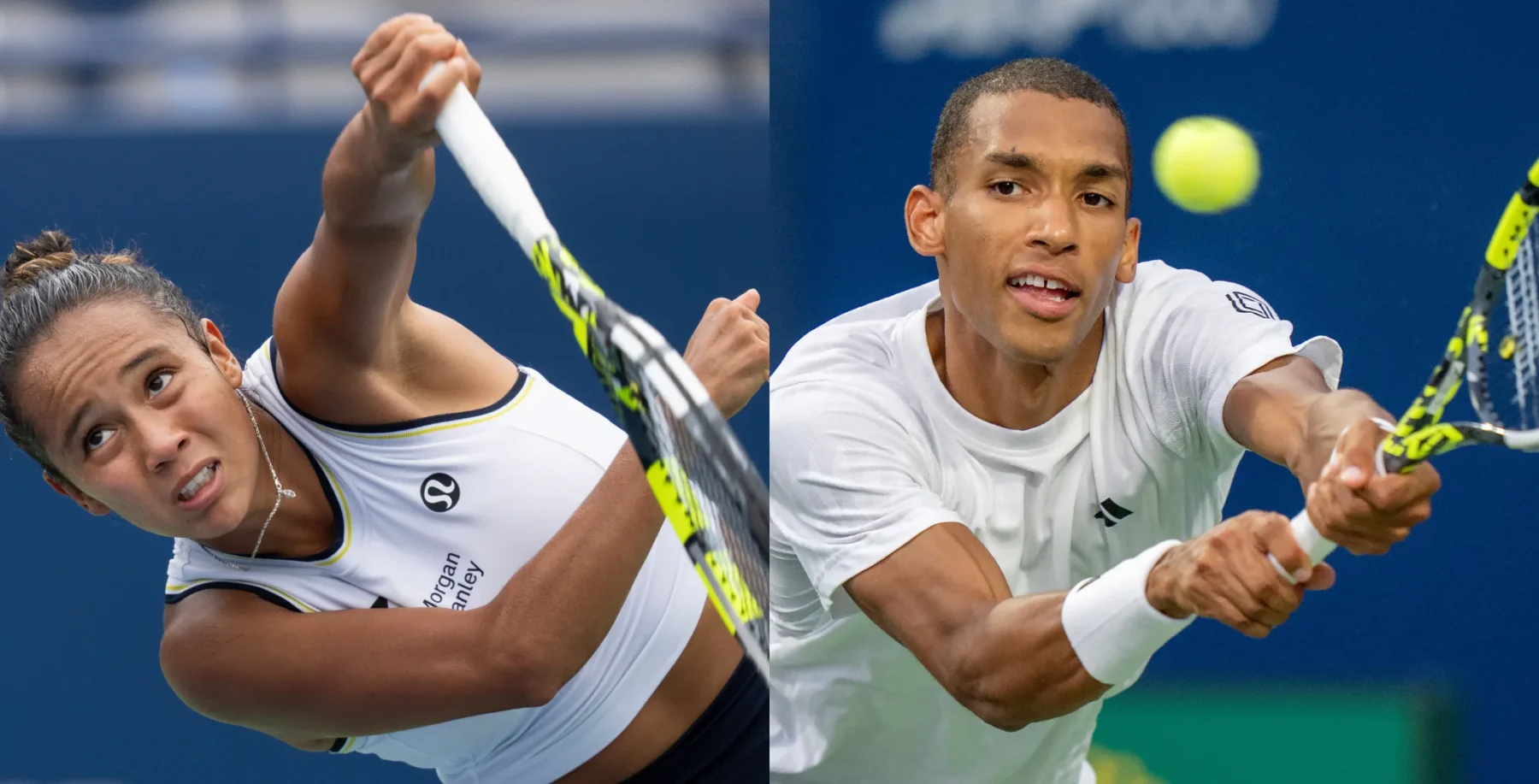 Canadian tennis stars competing at the National Bank Open in Toronto and Montreal, showcasing intense action on the court.
