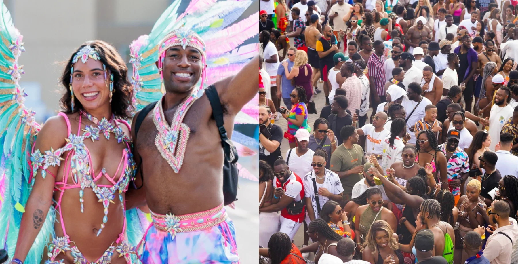Vibrant Caribbean Carnival parade with dancers in colorful costumes and a large crowd celebrating Toronto Caribbean Carnival 2026.