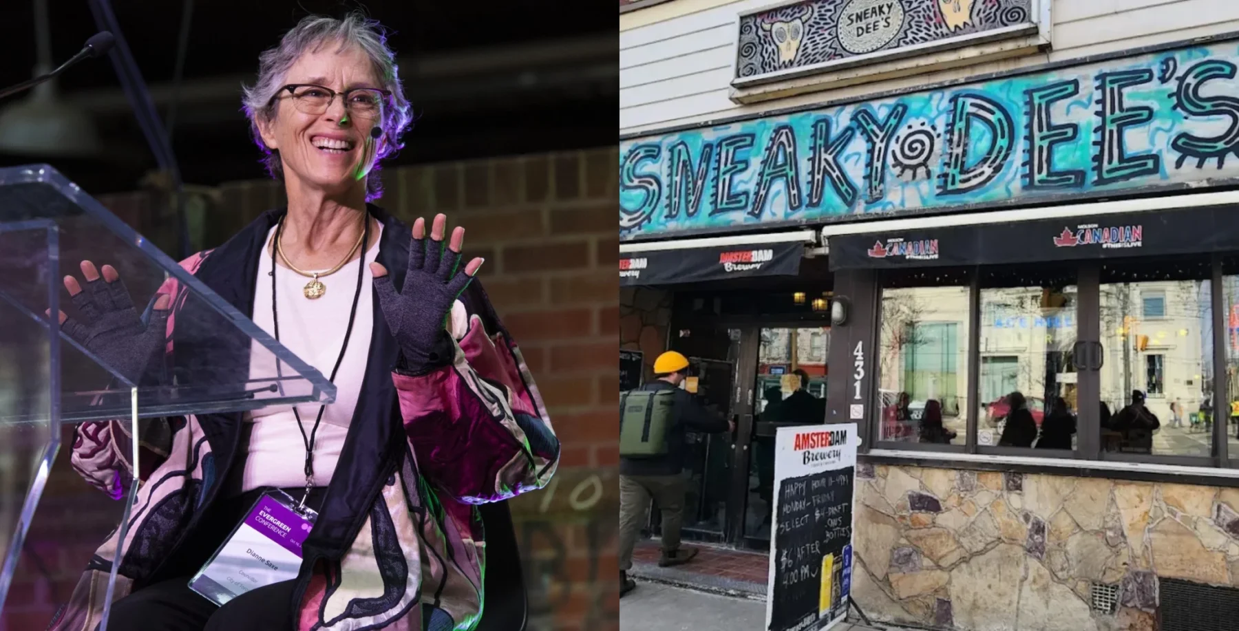 Smiling woman with glasses and purple jacket standing outside Sneaky Dee's in Toronto, Canada, during daytime.