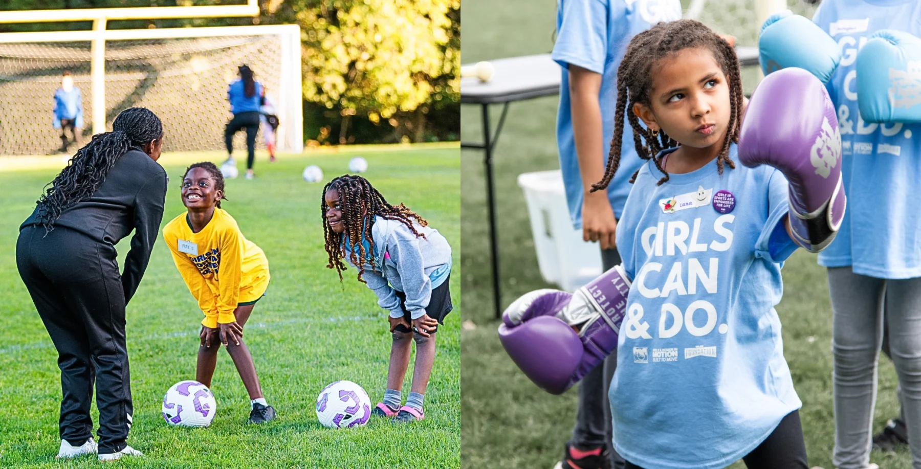 Young girls participating in a soccer training session outdoors, with one girl wearing boxing gloves, emphasizing sports and youth empowerment in Toronto.