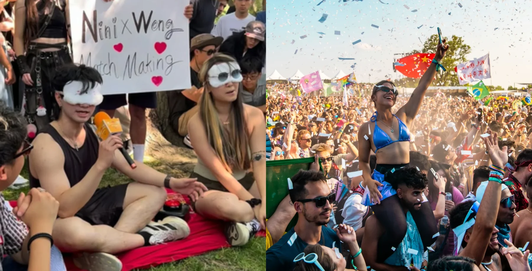 Crowd enjoying outdoor music festival with people wearing masks, holding signs, and dancing in a lively atmosphere with colorful flags and confetti.