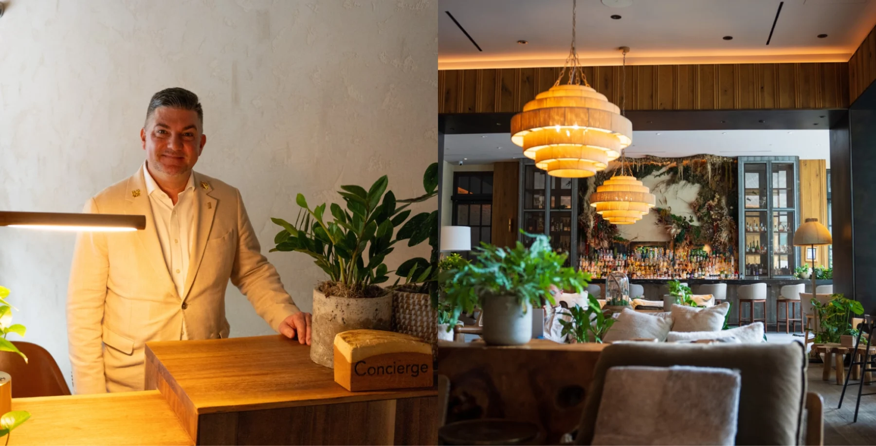 Robin Elliott in a modern hotel lobby with lush greenery and stylish decor, highlighting urban nature at 1 Hotel Toronto.