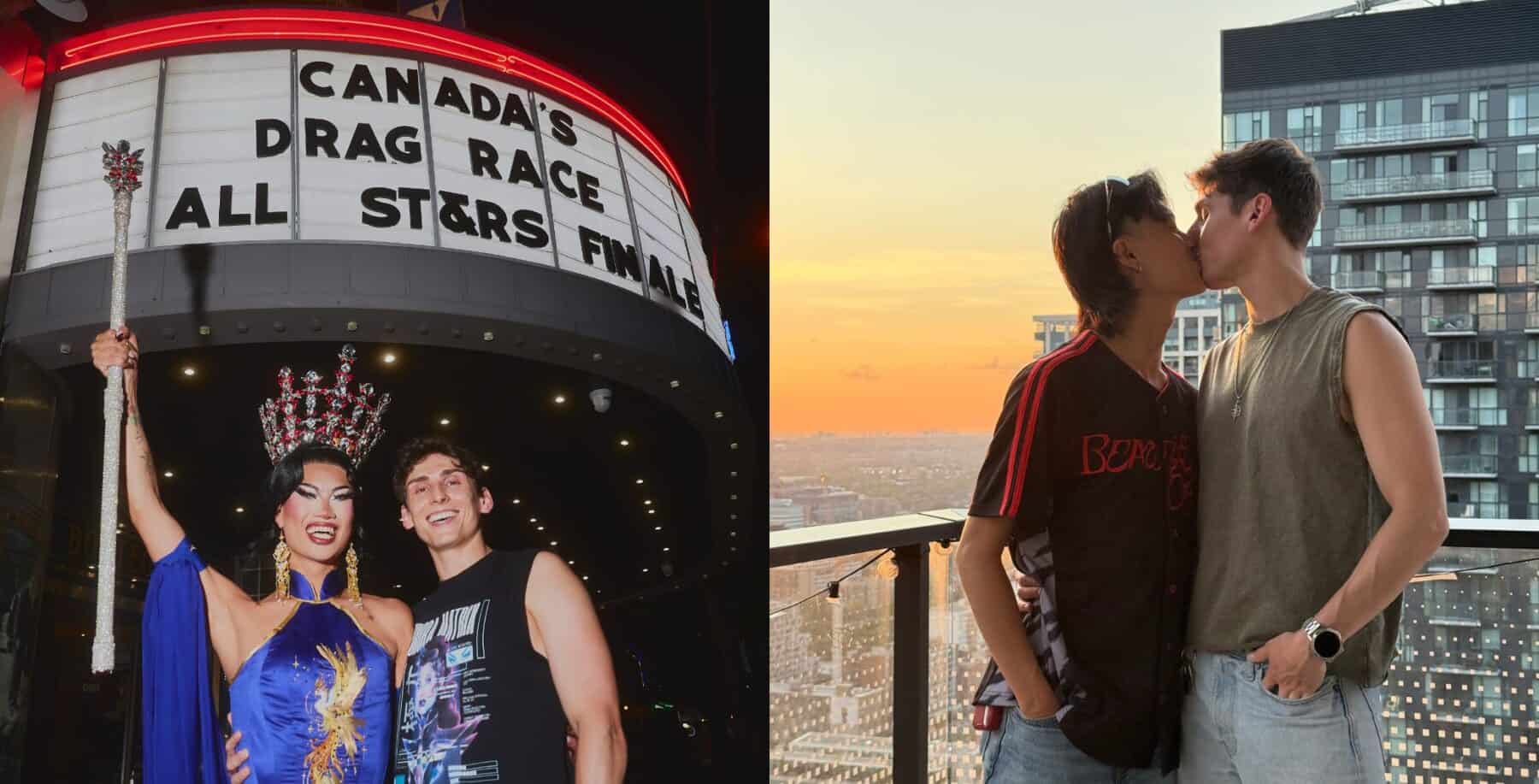 A drag queen and a man at a drag race event, and a couple sharing a kiss on a balcony at sunset in Toronto.