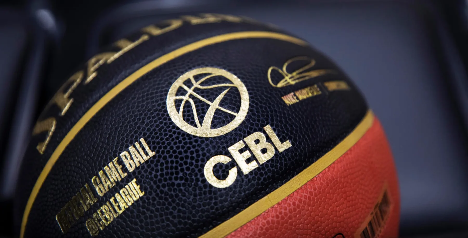Close-up of a basketball with CEBL logo and branding, highlighting sports equipment used in Canadian basketball leagues.