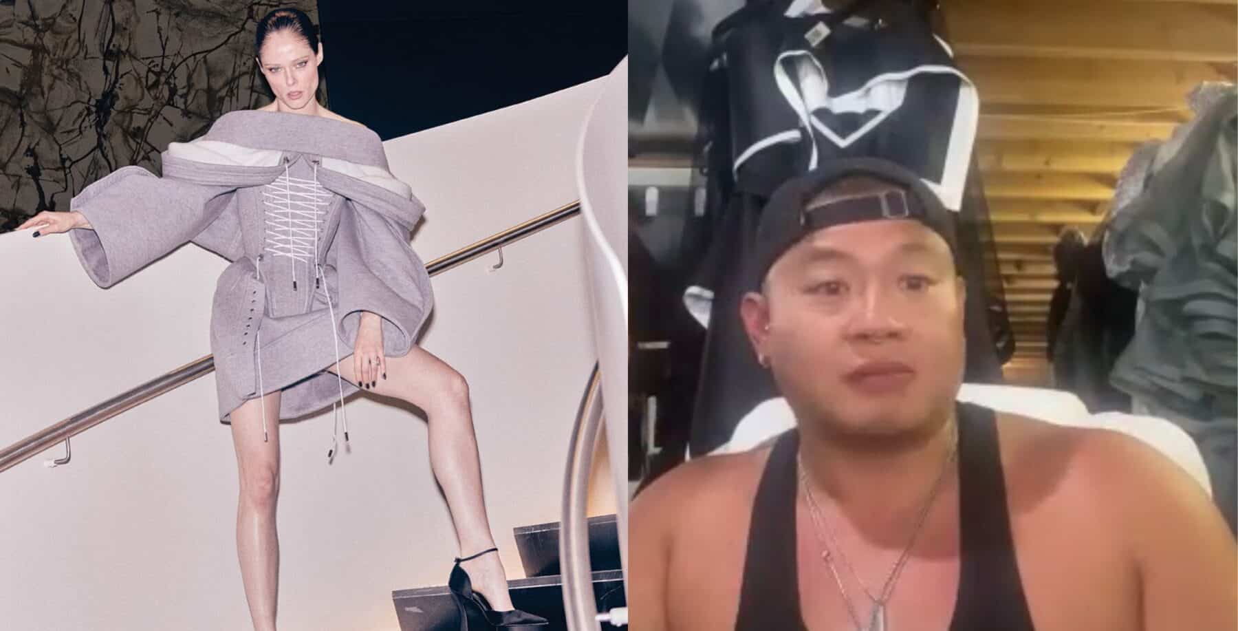 Fashion designer Charles Lu and model showcase avant-garde outfits at a Toronto event, highlighting issues of fashion authenticity and forgery.