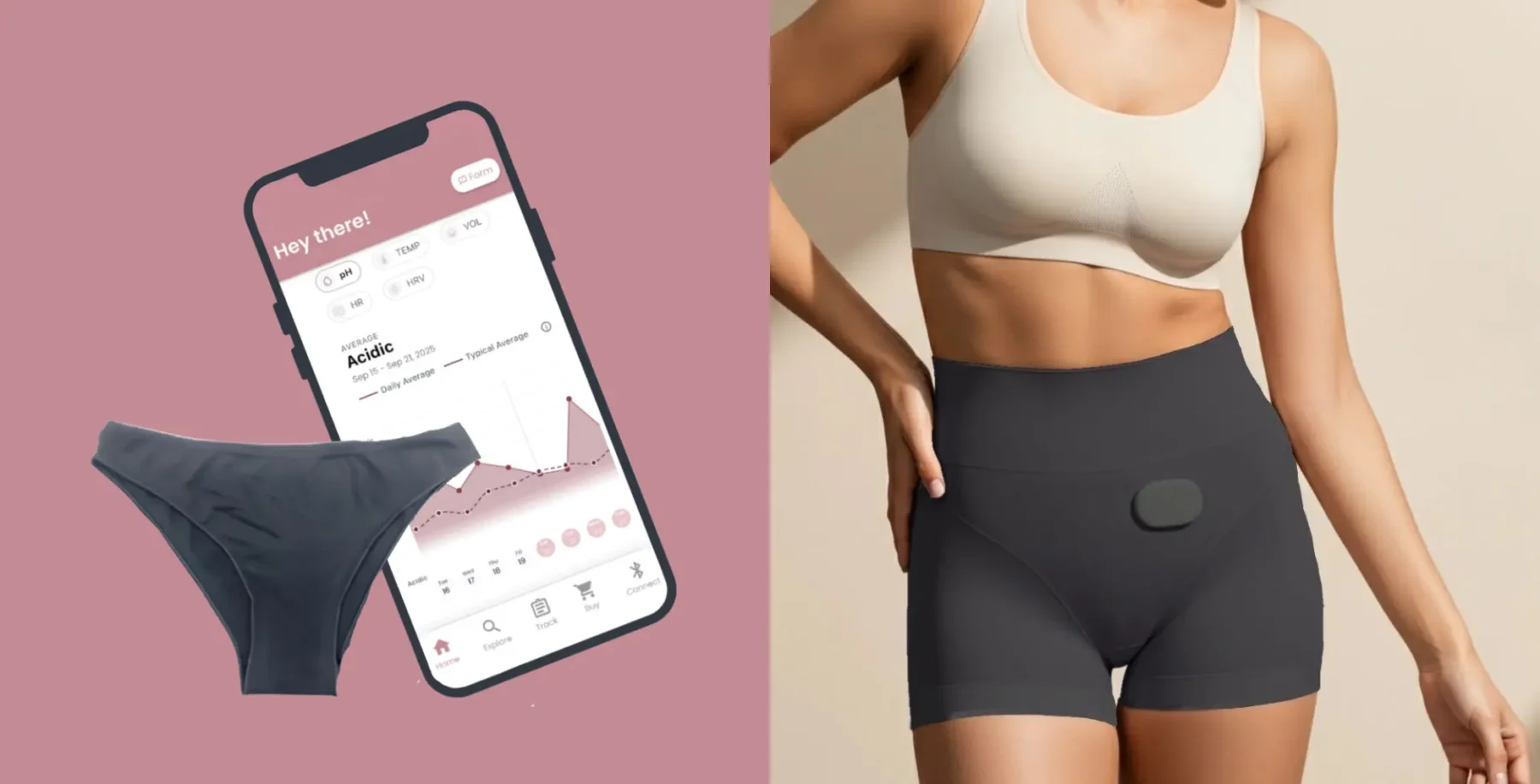 Woman wearing black underwear with a menstrual cycle tracking app on her phone in the background, promoting innovative reproductive health solutions.