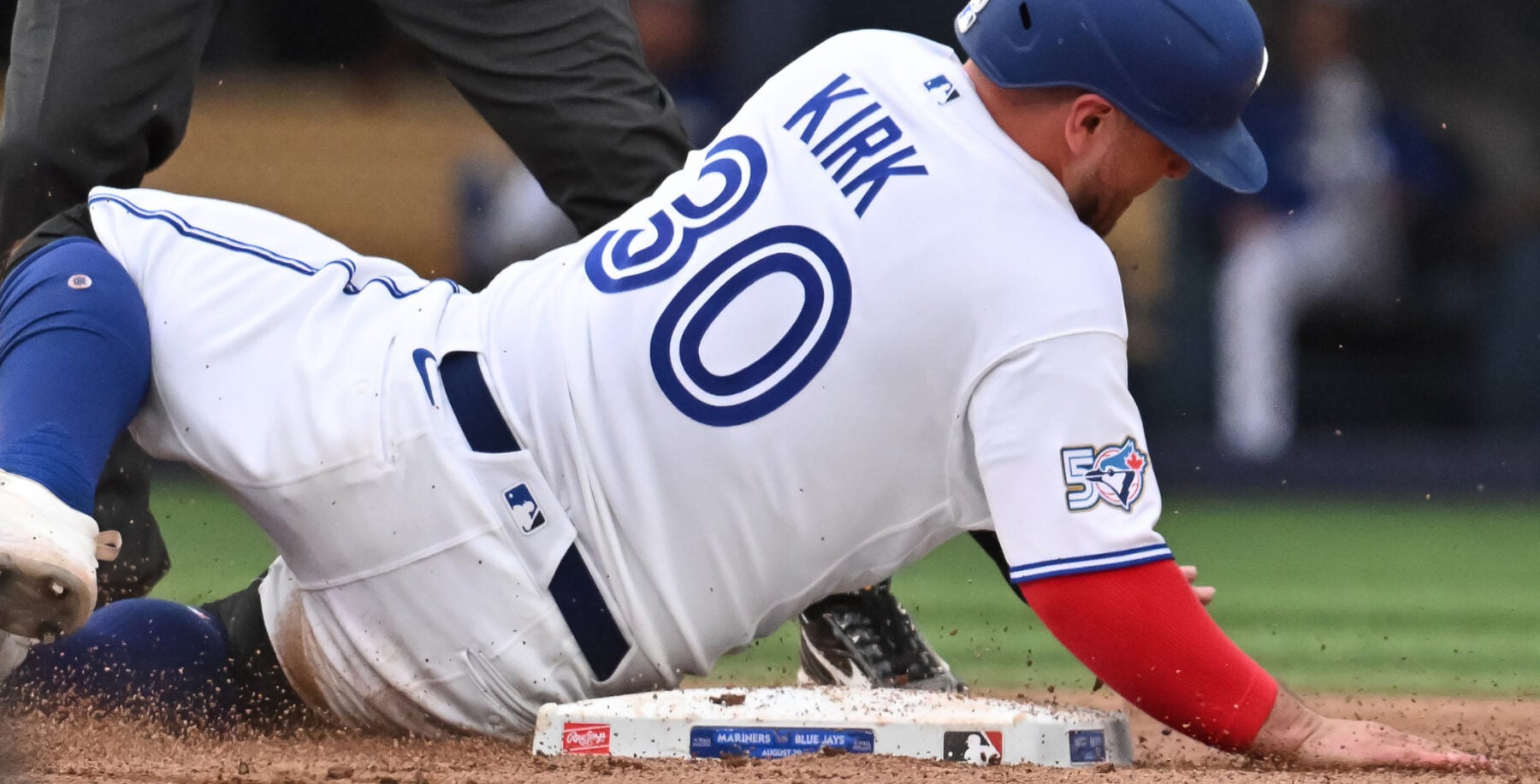 Alejandro Kirk steals second base for Toronto Blue Jays