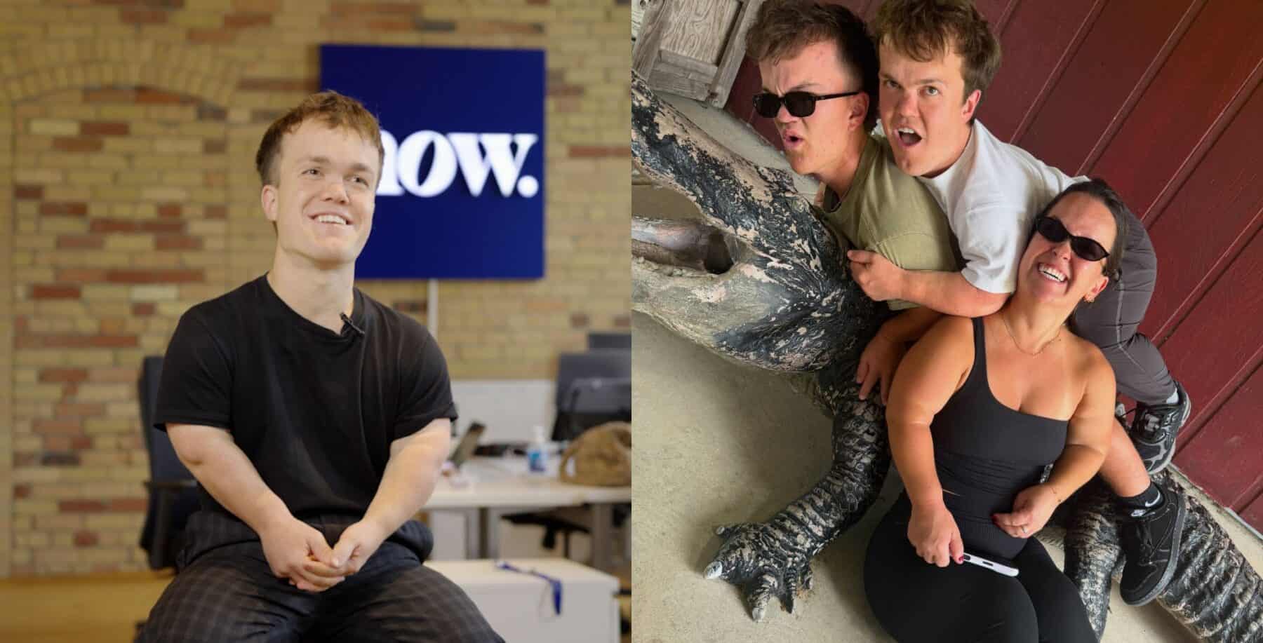 Canadian reality star John L. Ferguson smiling during an interview at NOW Toronto, with a group of people and a crocodile prop in a playful setting.