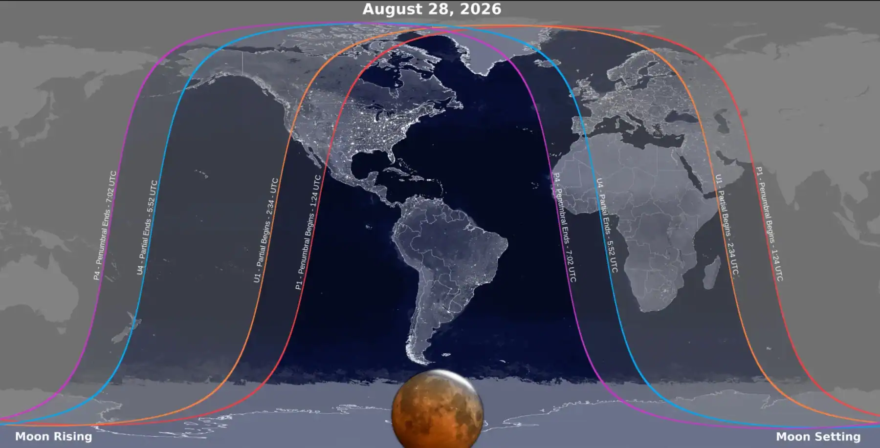 Map showing the lunar eclipse path on August 28, 2026, with moon phases and visibility across the world, including Canada.