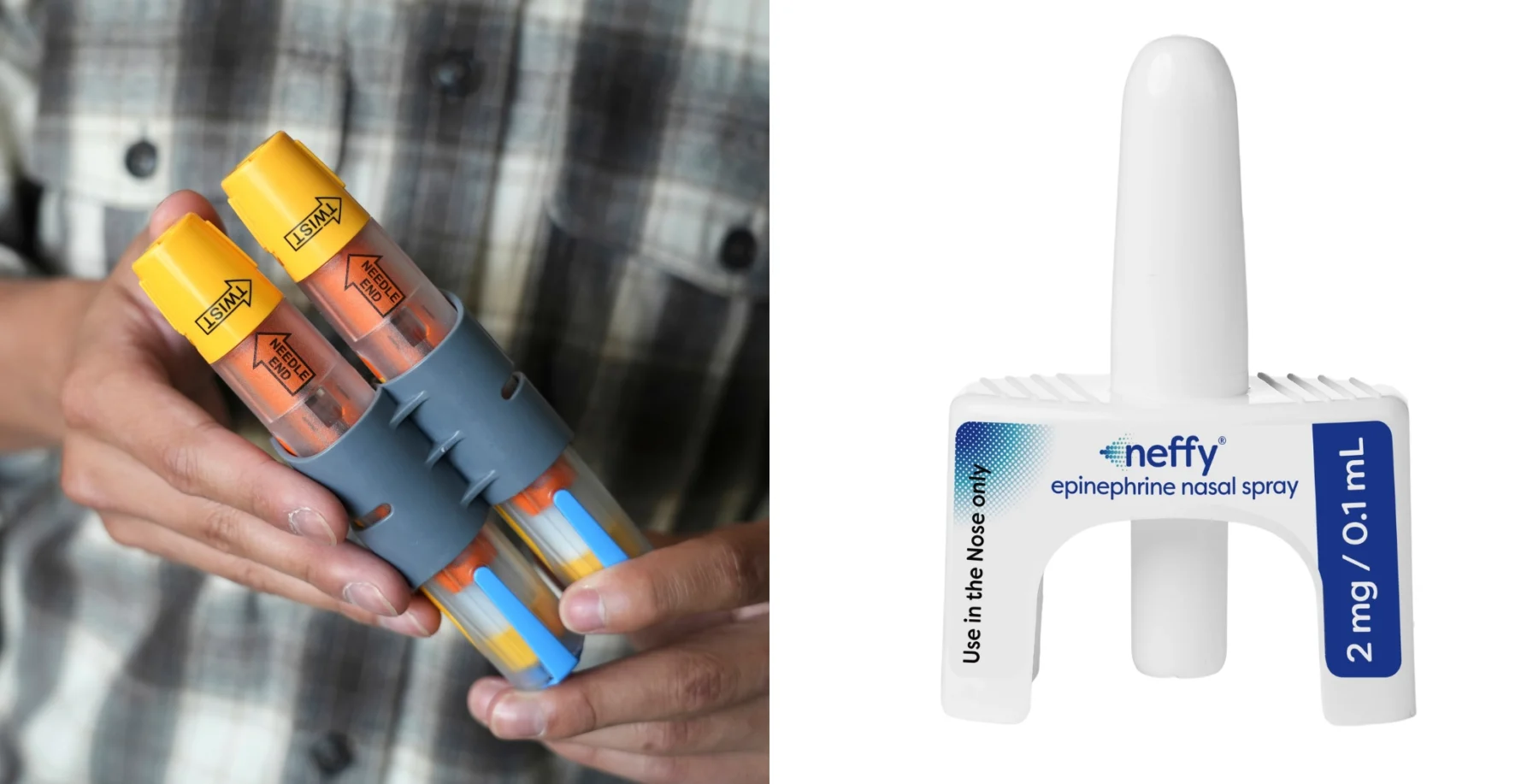 Two nasal spray devices with orange caps and blue bases, and a separate nasal spray with a white and blue design, on a white background.