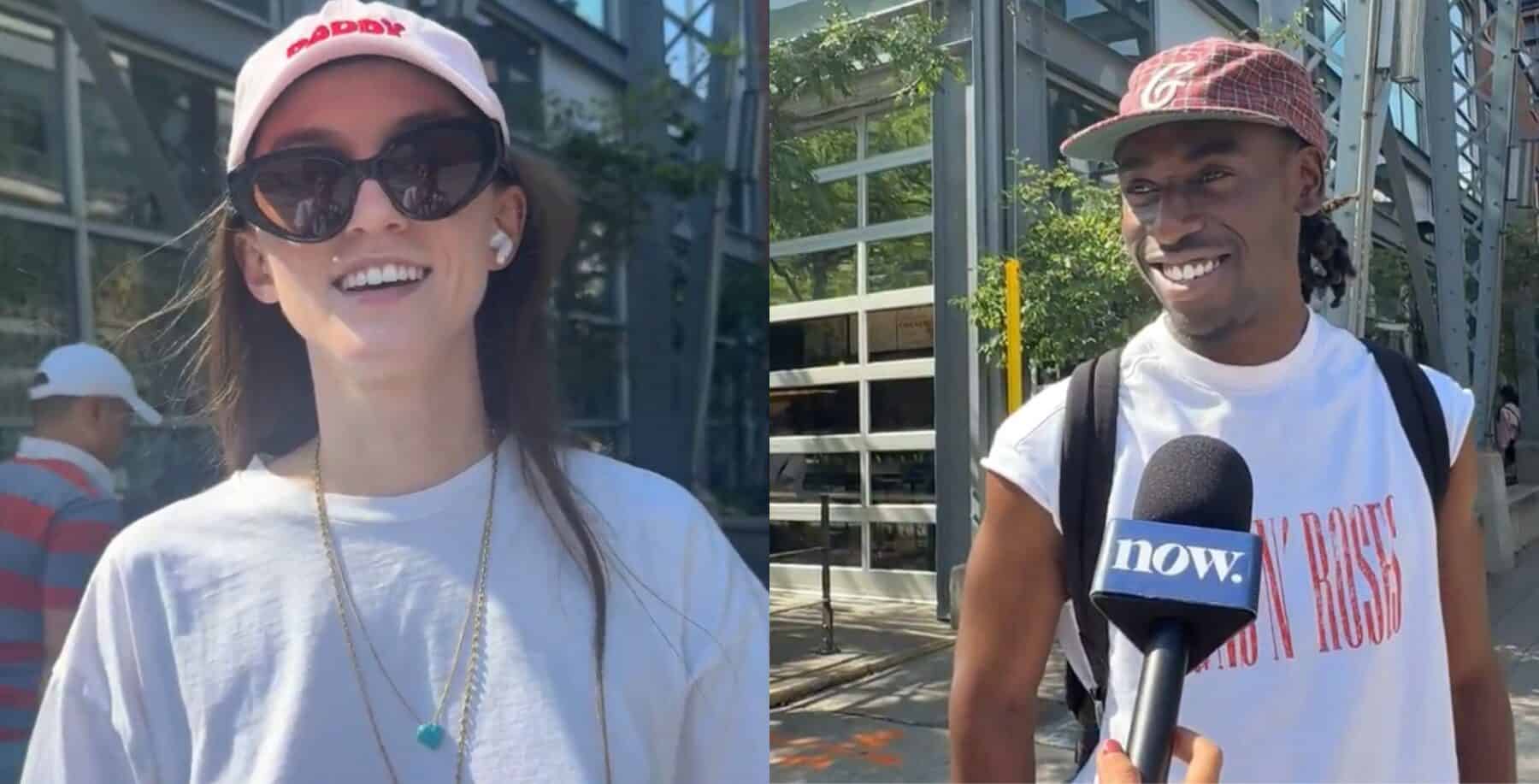 Two young adults being interviewed outdoors in Toronto, smiling and engaging with a reporter holding a NOW Toronto microphone, reflecting social interactions and urban life.
