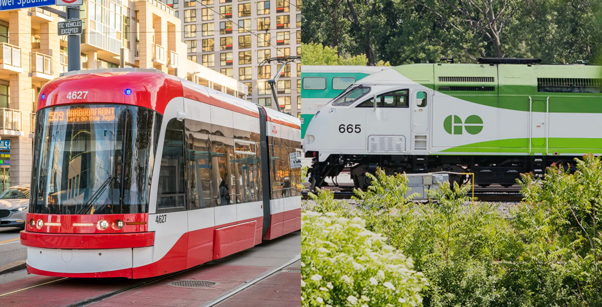 Modern Toronto streetcar and freight train on tracks with urban and green park background, highlighting transportation options in the city.