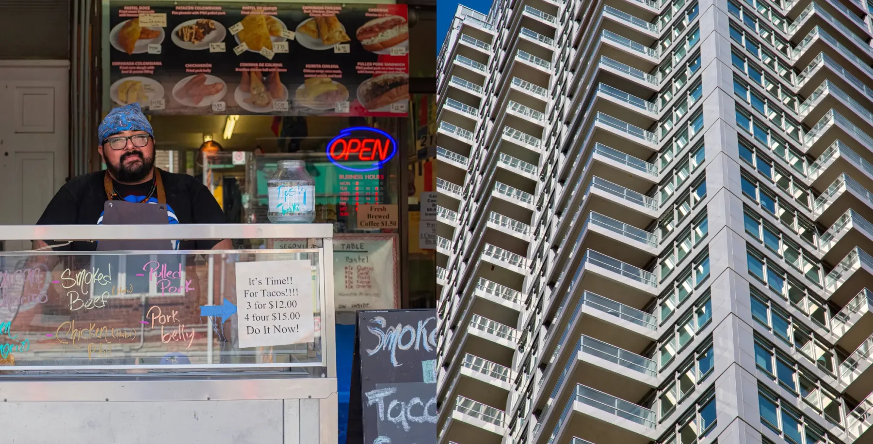 A man with a beard and glasses stands behind a food cart with a neon 'OPEN' sign, selling smoked tacos in Toronto, with a high-rise building in the background.