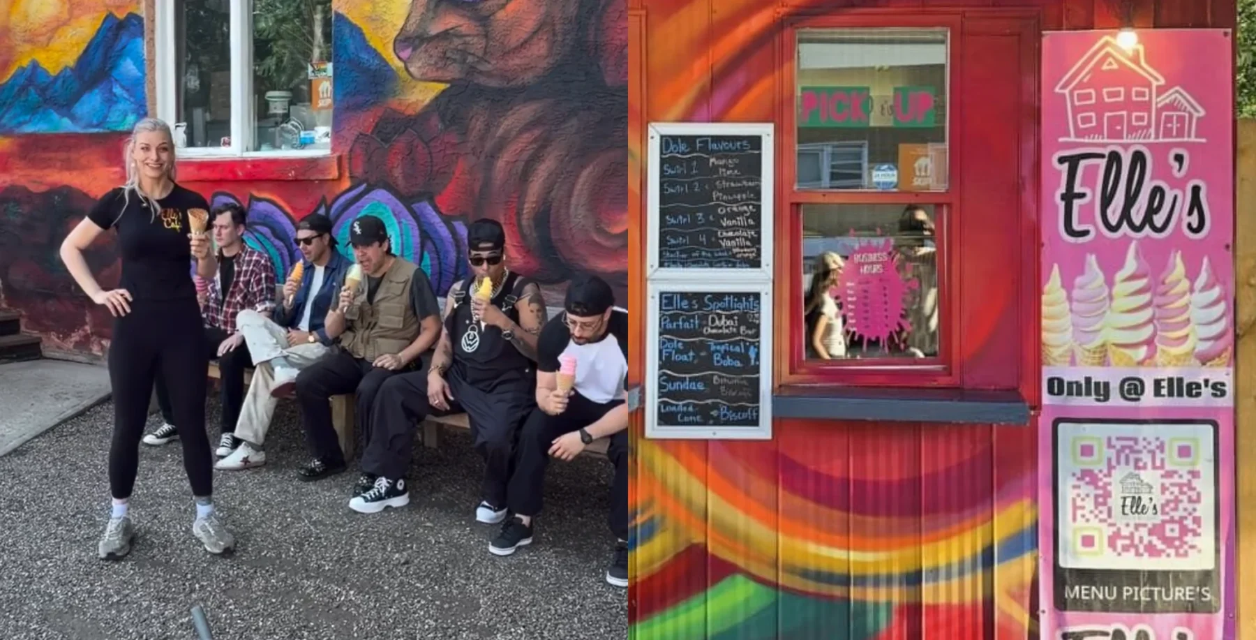 Group of young people sitting outside Elle's Cafe in Regina, with colorful mural and menu board, capturing a lively, vibrant scene.