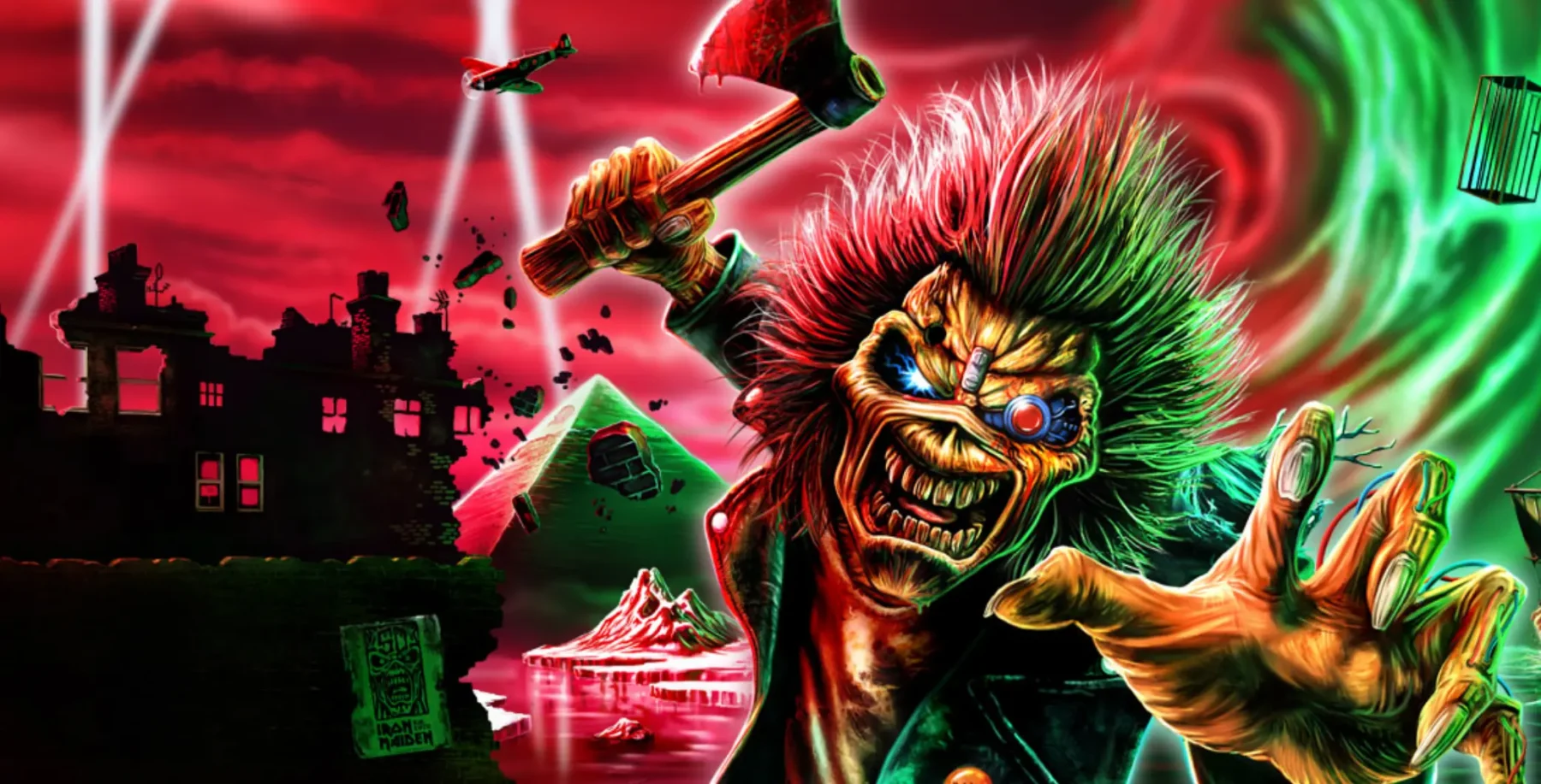 A fierce, colorful illustration of a clown with wild hair, holding a hammer, amidst a chaotic cityscape with explosions and neon lights, representing a comic or video game character.