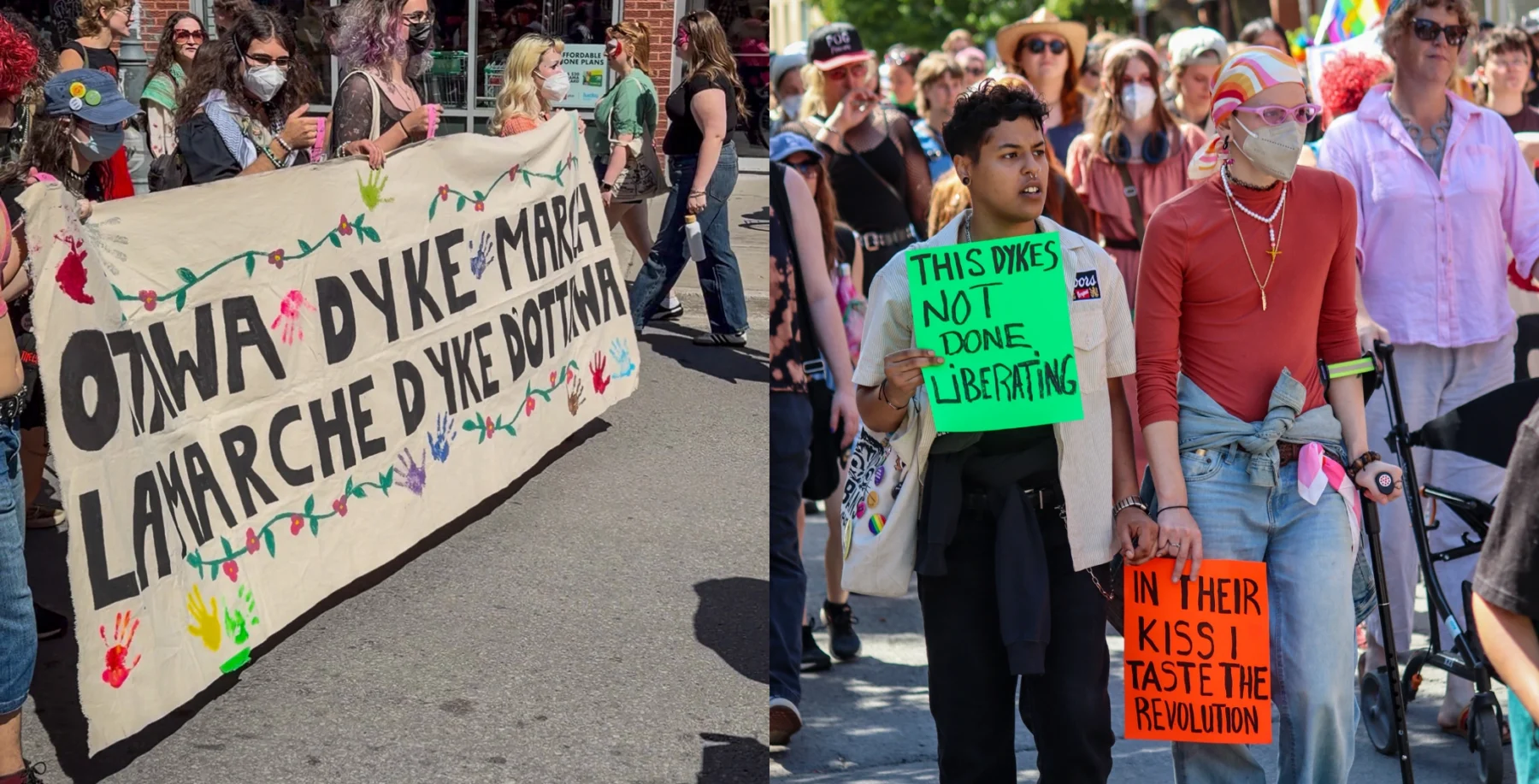 Ottawa Dyke March participants holding signs and banner supporting LGBTQ+ rights and liberation during the event.