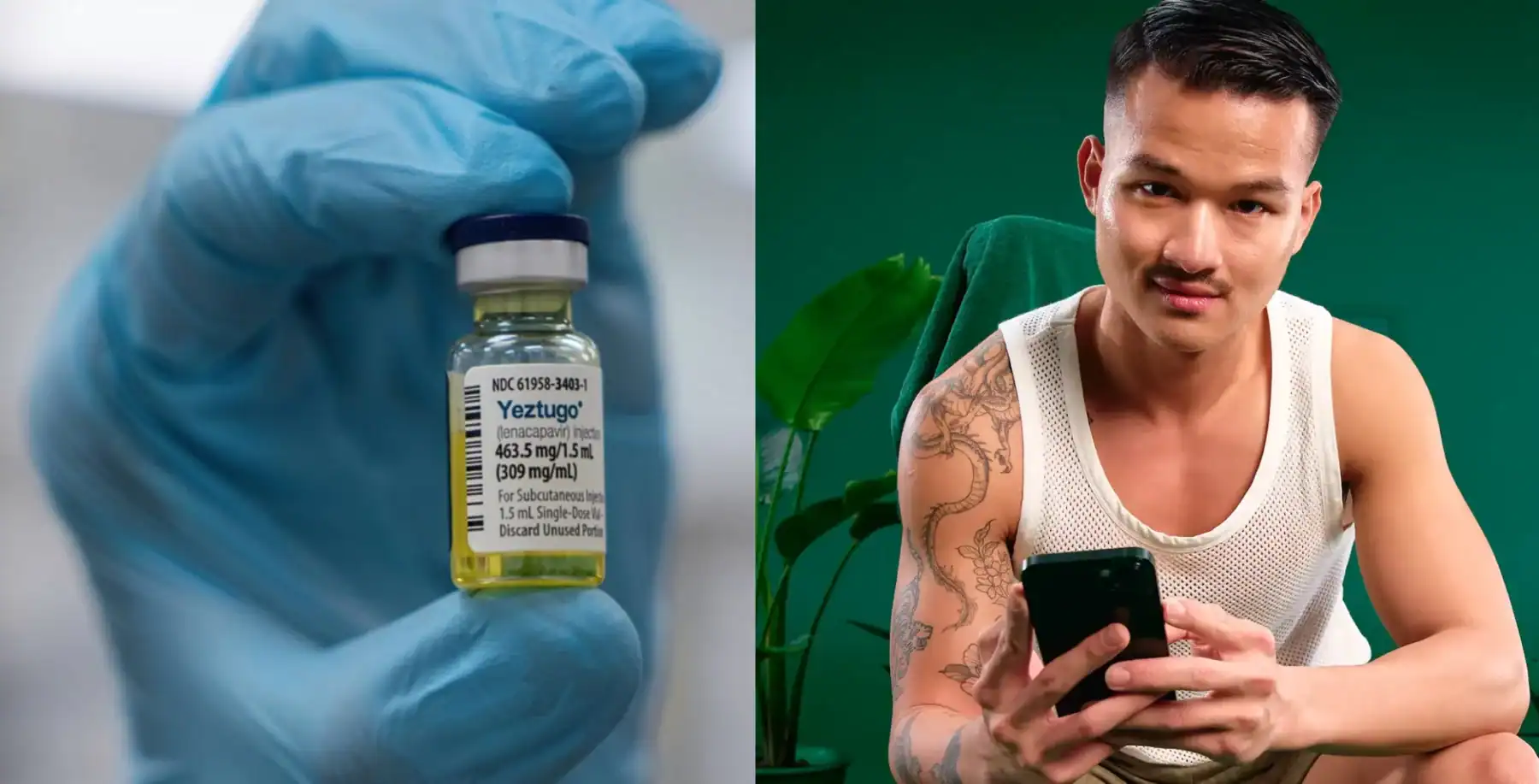 Close-up of a hand in a blue glove holding a vial of Yezctugo medication, with a young man using a smartphone in the background.