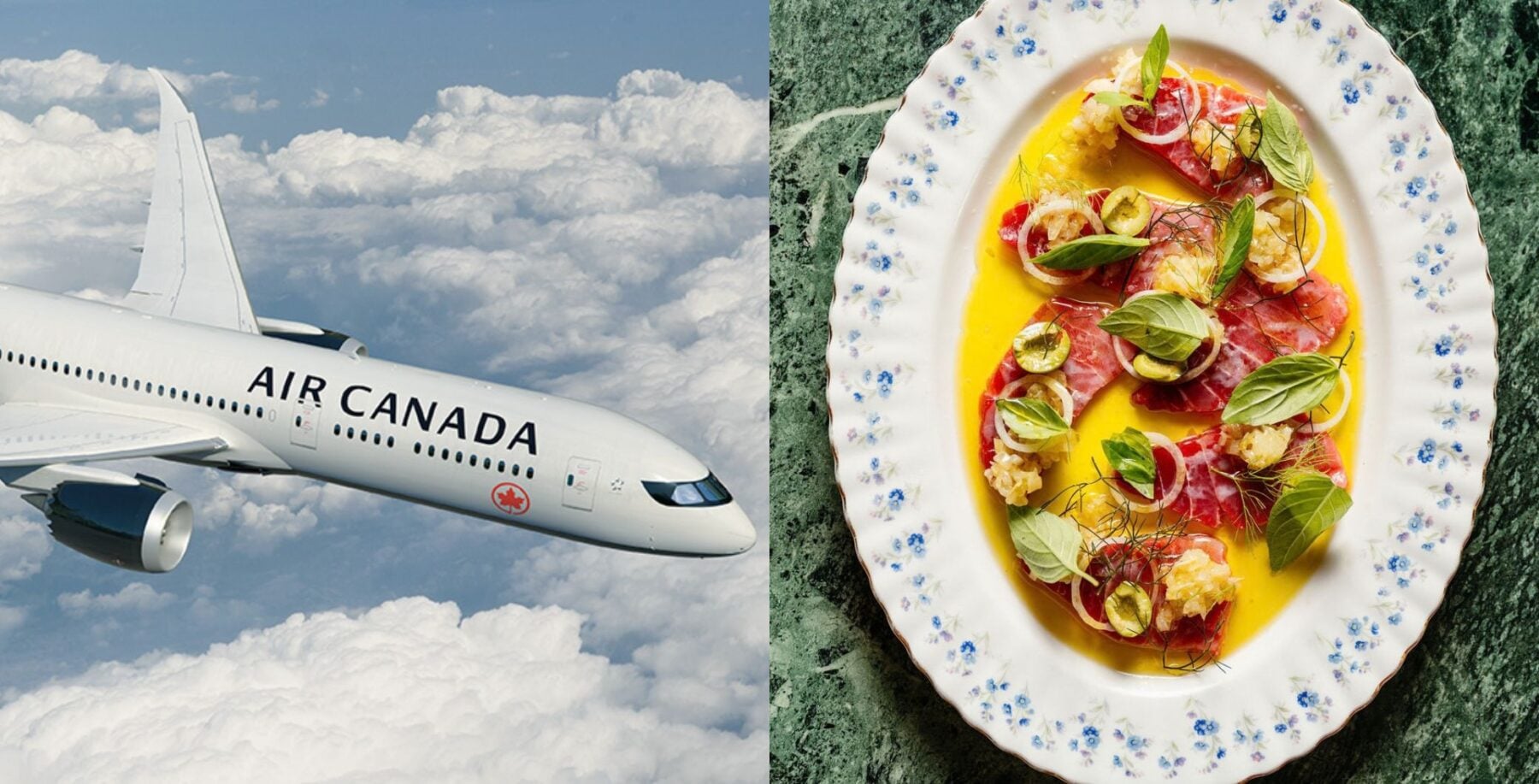 Air Canada airplane flying above clouds and a gourmet dish with fresh herbs and thinly sliced meat on a decorative plate.