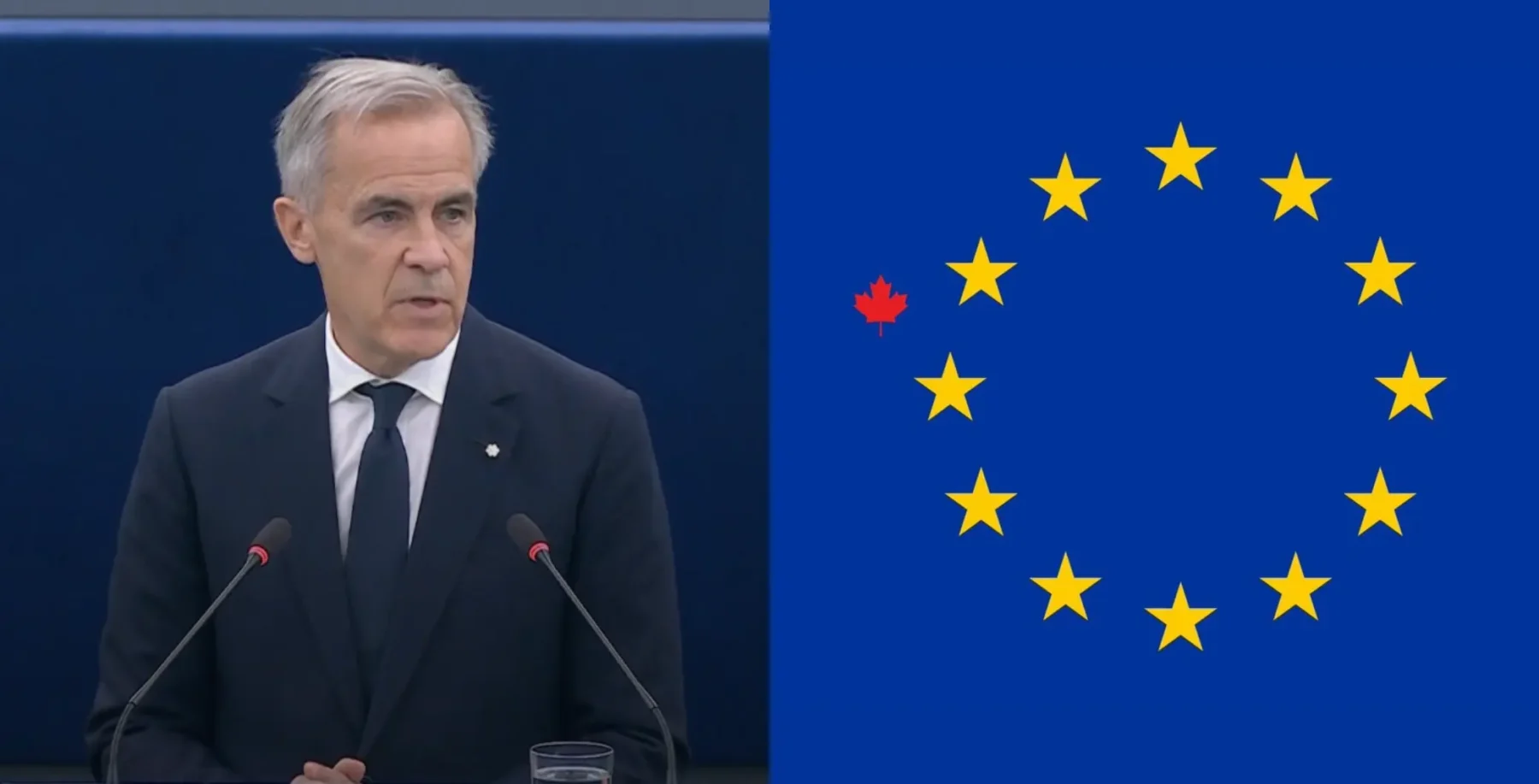 Canadian official speaking at a press conference with the European Union flag in the background.