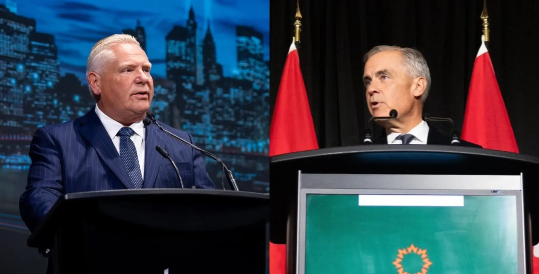 Doug Ford and Mark Carney speaking at a press conference with Canadian flags in the background, discussing airport privatization.