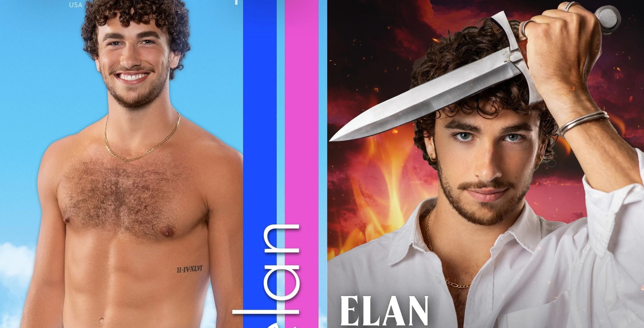 Canadian reality TV star Elan Bibas with curly hair, holding a sword, in a promotional image for 'The Traitors Canada'.