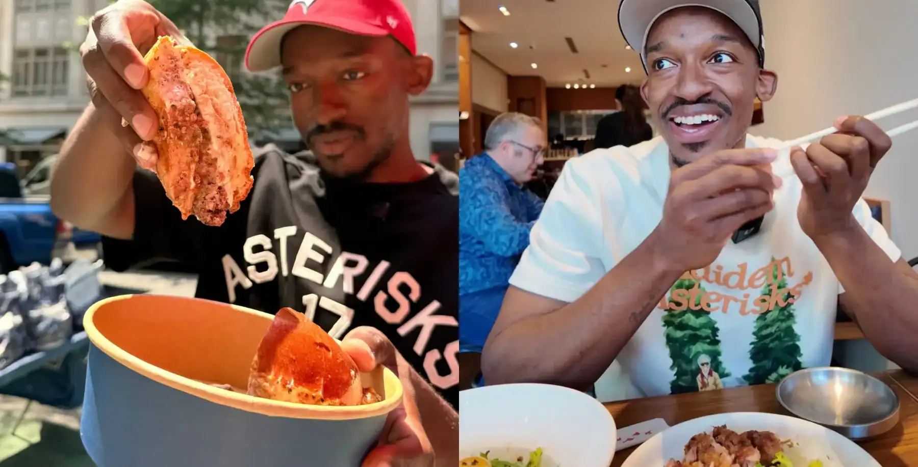Two men enjoying meals at a restaurant, one holding a fried chicken drumstick and the other eating a sandwich, in a lively dining environment.