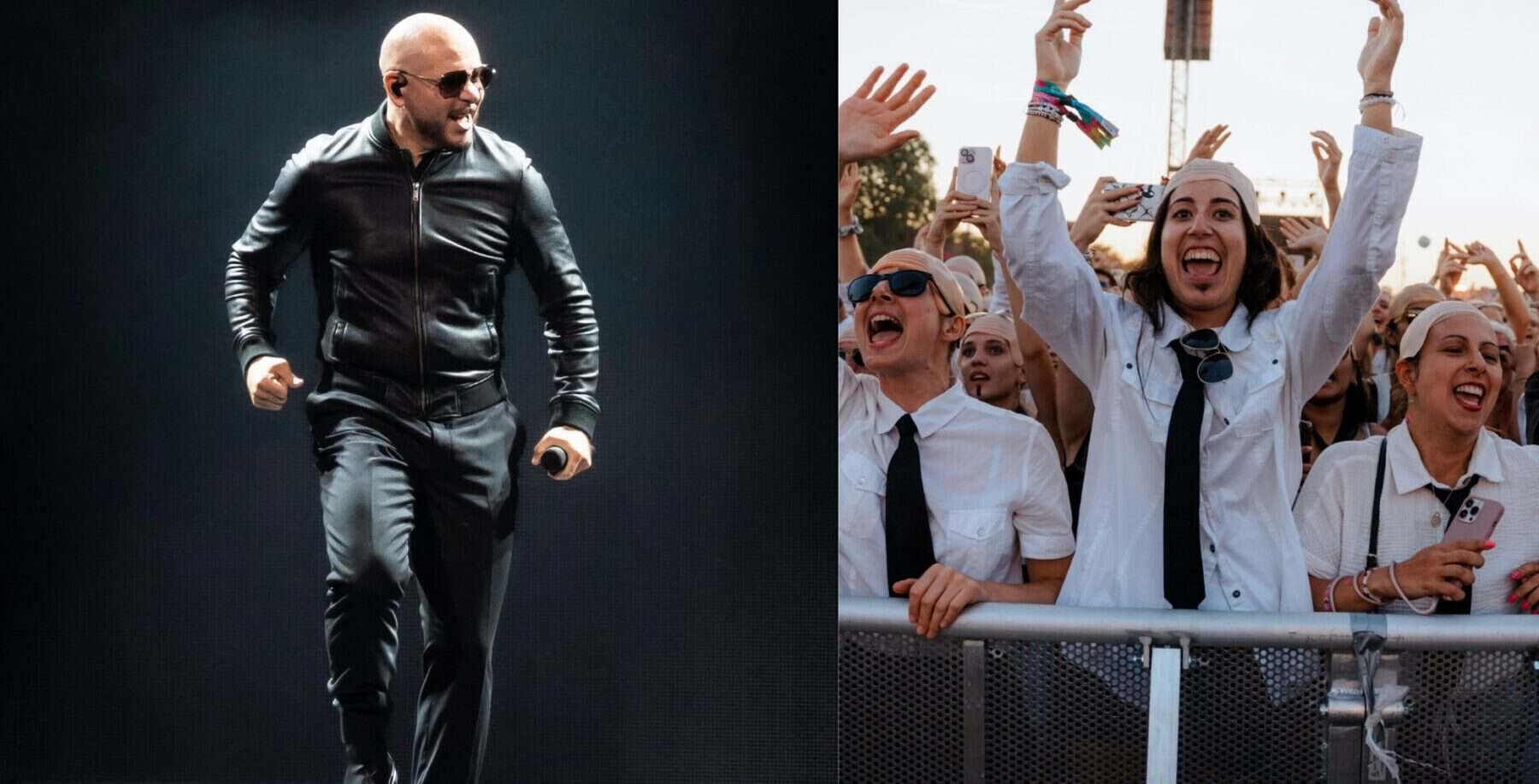 Pitbull performing on stage and excited fans at a concert in Toronto, highlighting the energetic atmosphere of the event.