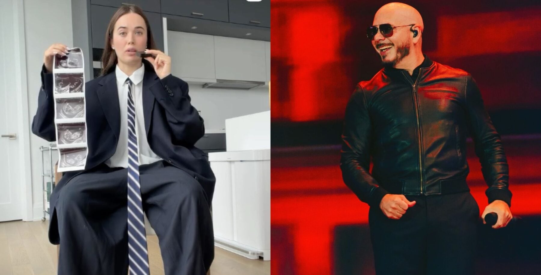 Toronto creator in a business suit holding a baby gender reveal box, and Pitbull performing on stage at a concert in Toronto.