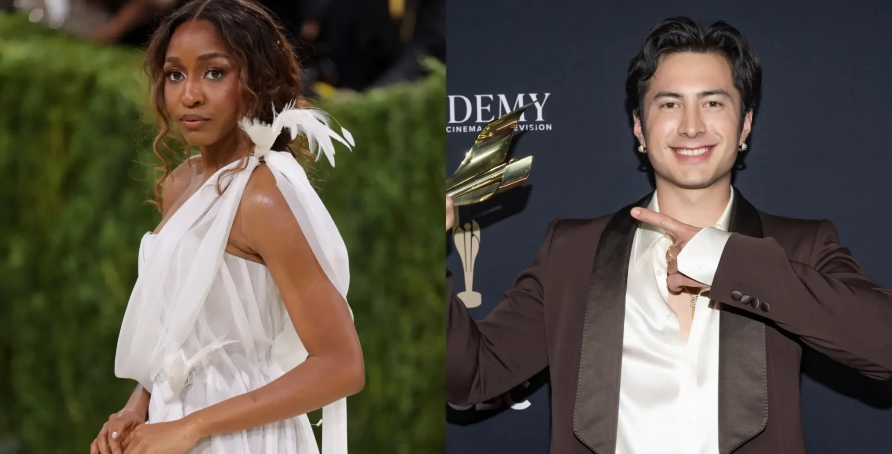 Two stars at TIFF 2026, a woman in a white dress with feather details and a man in a tuxedo holding a trophy, smiling for the camera.