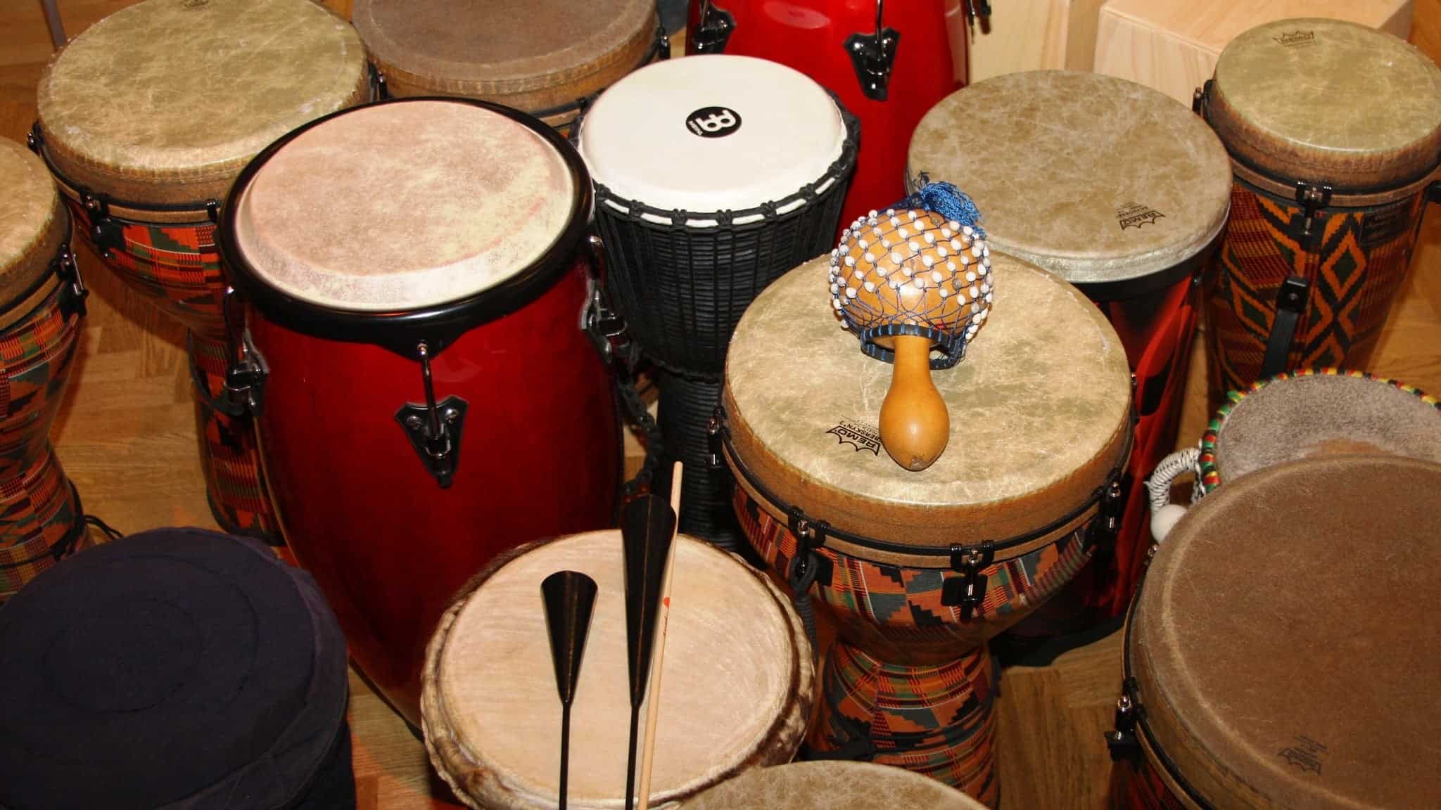 Collection of various drums and percussion instruments arranged on a wooden floor, including congas, bongos, and a djembe, with drumsticks placed on some drums.