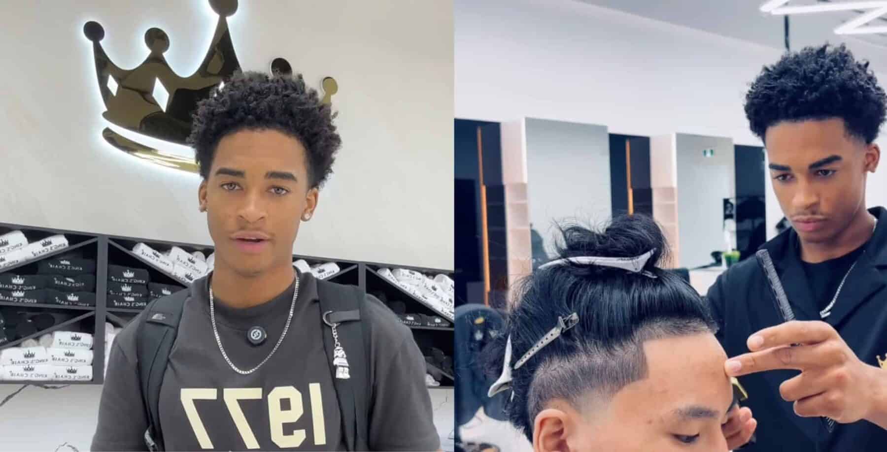 Toronto teen offering free haircuts for 30 days to build skills and give back, shown in a salon setting with a client getting a haircut.