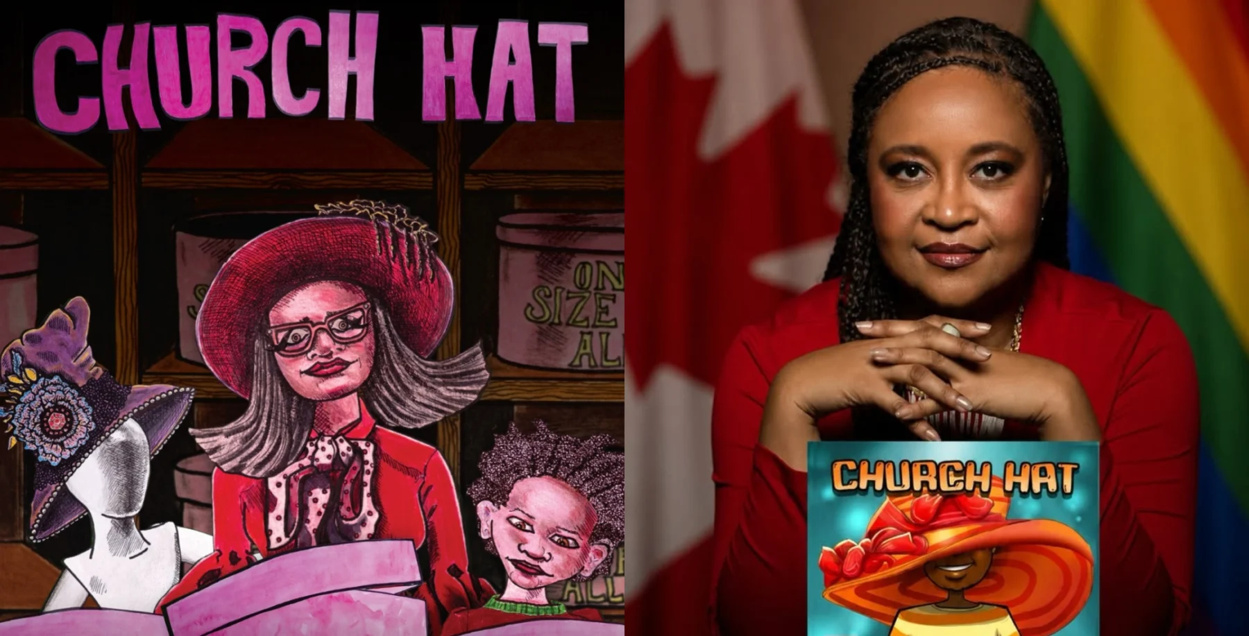 Illustration from 'Church Hat' showing diverse characters and a woman with rainbow flags in the background, highlighting themes of gender and acceptance.