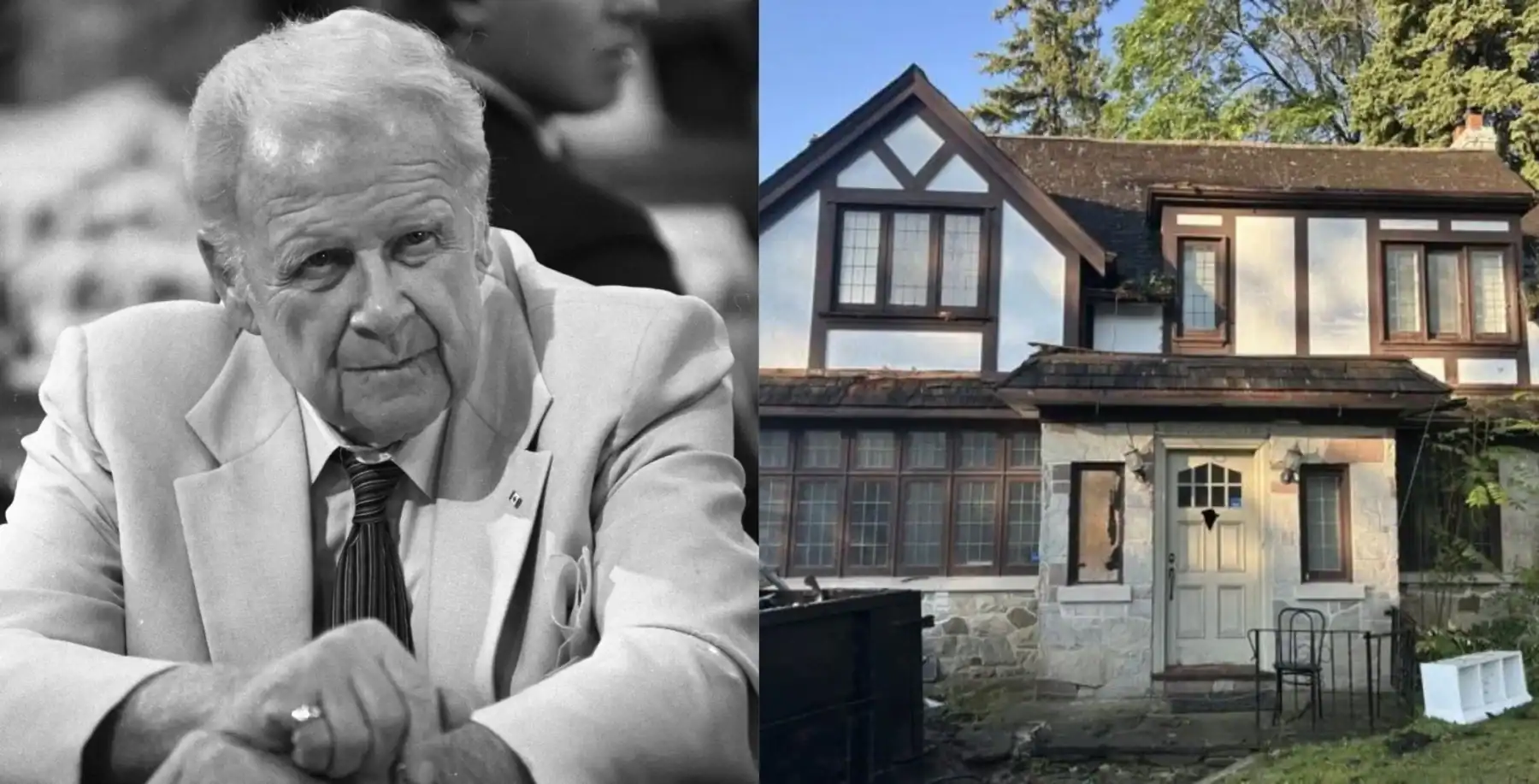 Black and white photo of an elderly man in a suit and tie, sitting with a serious expression, next to a modern two-story house with large windows and a sloped roof.