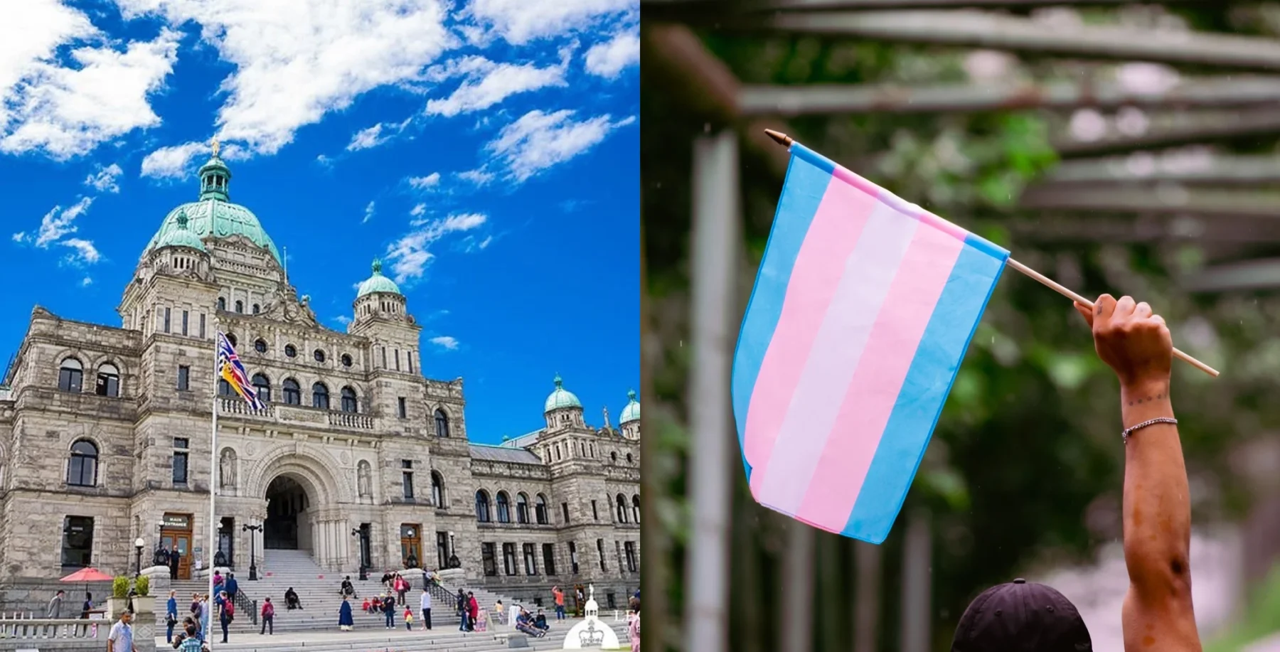 A historic government building with a large dome and flags, alongside a person holding a transgender pride flag outdoors, symbolizing civic pride and LGBTQ+ support in Toronto.