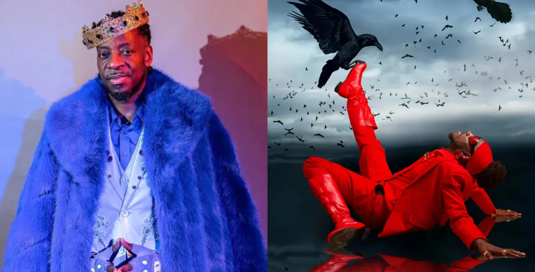 A man wearing a crown and blue fur coat, and a person in red lying on the ground with black birds flying overhead, symbolizing artistic expression and dramatic visuals.