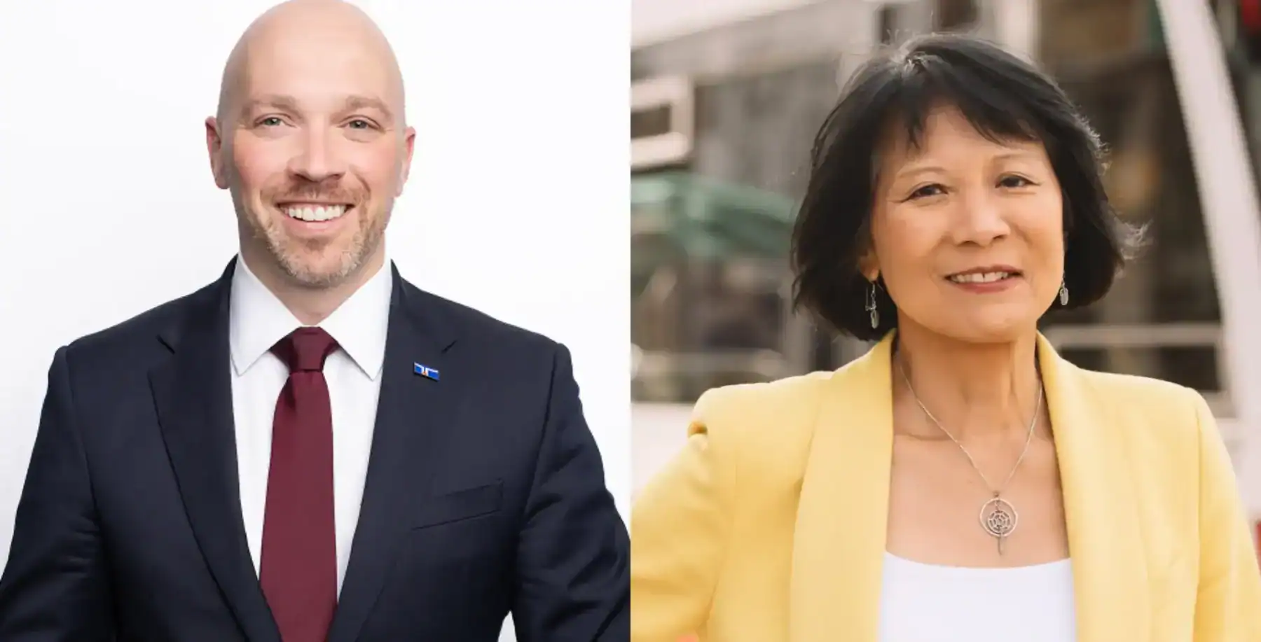 Portraits of a smiling man in a suit and a woman in a yellow blazer, representing Toronto political figures involved in local debates.