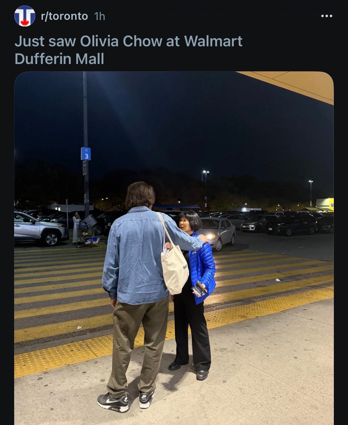 Olivia Chow was photographed greeting people outside the Walmart at Dufferin Mall ahead of Toronto’s Oct. 26 municipal election. Courtesy: Reddit