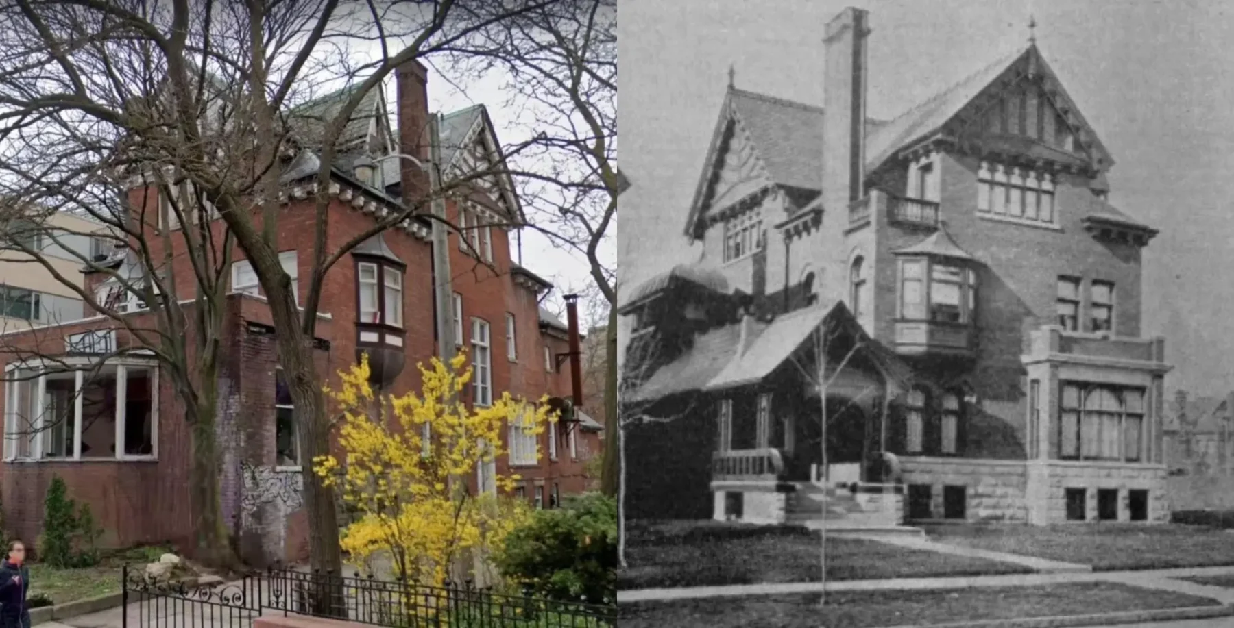 Comparison of a modern red brick house and a historic black-and-white house, highlighting architectural differences.