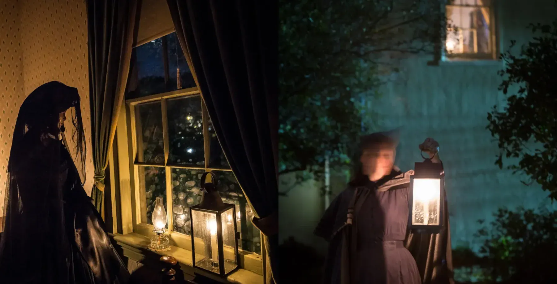 A person dressed as a witch gazes out a window at night, illuminated by lanterns inside a dimly lit room, creating a spooky Halloween atmosphere.