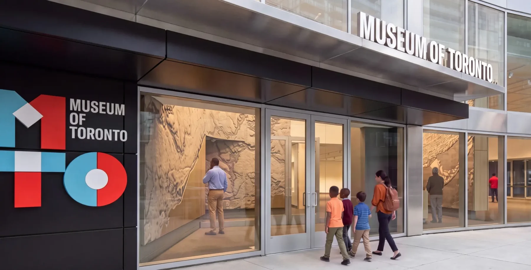 Visitors entering the Museum of Toronto's new building on Church–Yonge Corridor, opening in 2027, with modern glass architecture and museum signage.