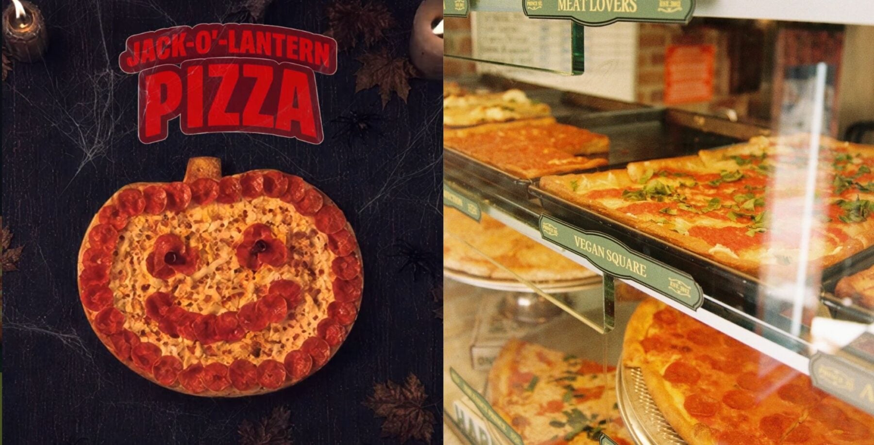 A Jack-O-Lantern shaped pizza with a smiling face, and a display of various pizzas in a store case, highlighting pizza options for National Pizza Month in the GTA.