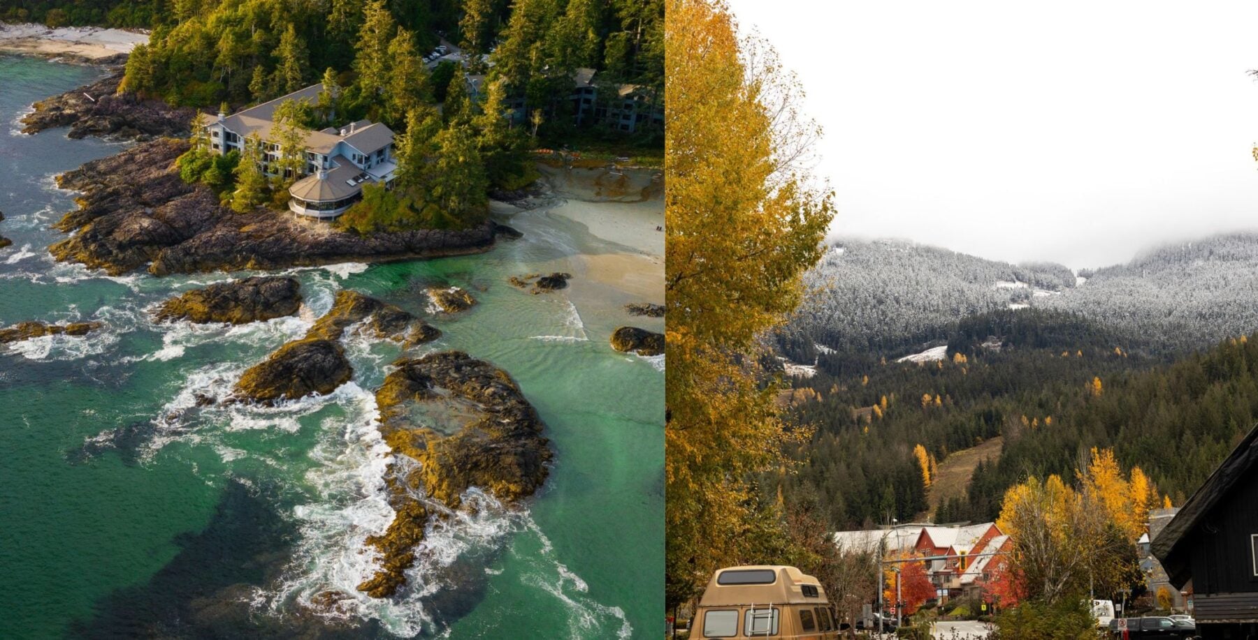 Collage of a rocky coastline with turquoise water and a secluded house, and a mountain village with autumn trees and a campervan in a scenic Canadian landscape.