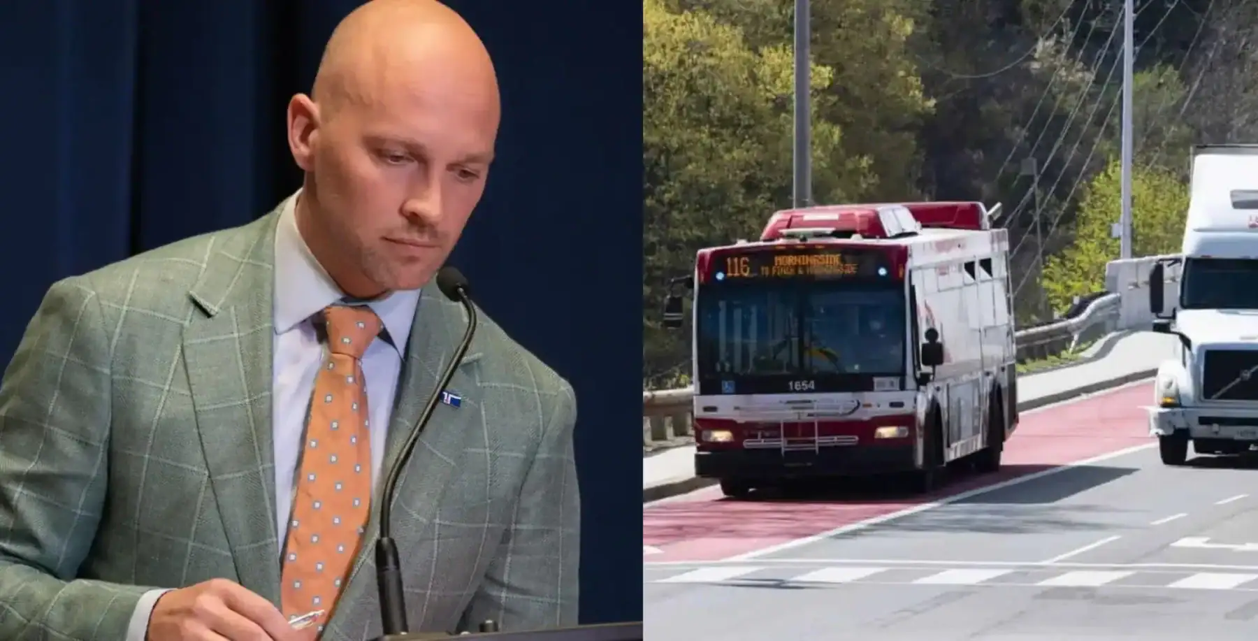 City official discusses bus lane removal plans on Scarborough road with a bus and cars in the background.