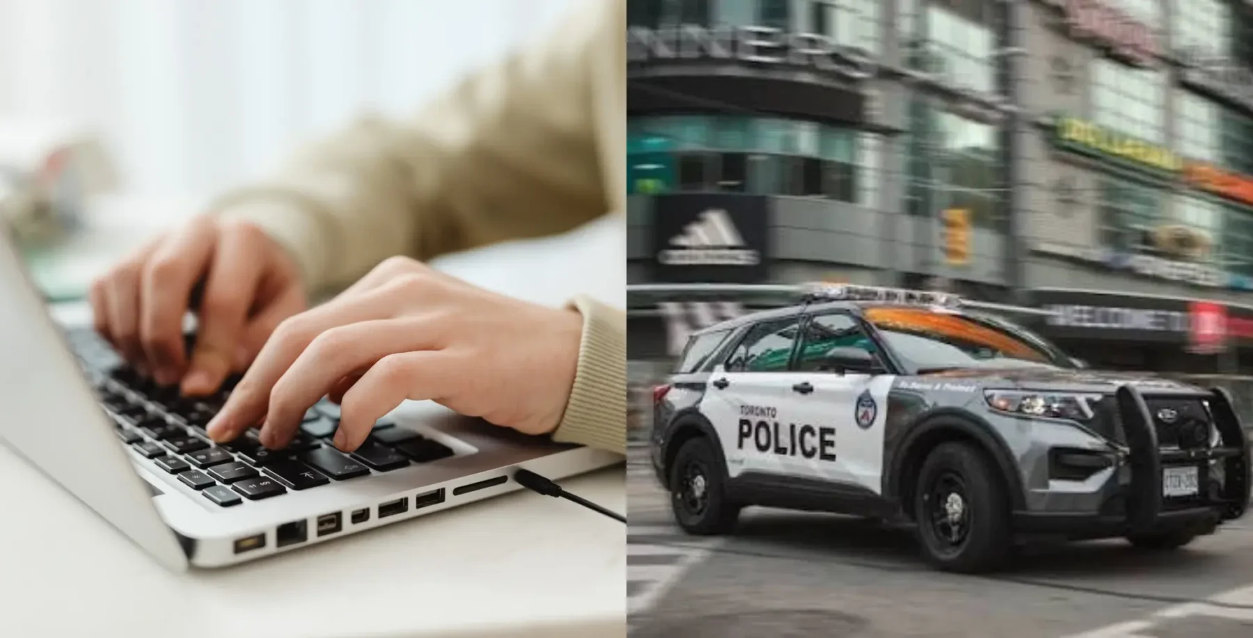 Close-up of a person typing on a laptop keyboard with a police car in the background, illustrating cybersecurity and law enforcement themes.