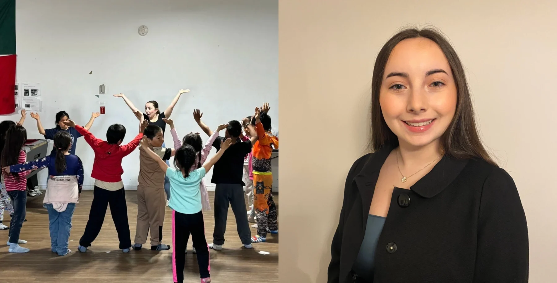Young Toronto dancer leading a dance class with children in a studio, promoting reconciliation and community engagement.