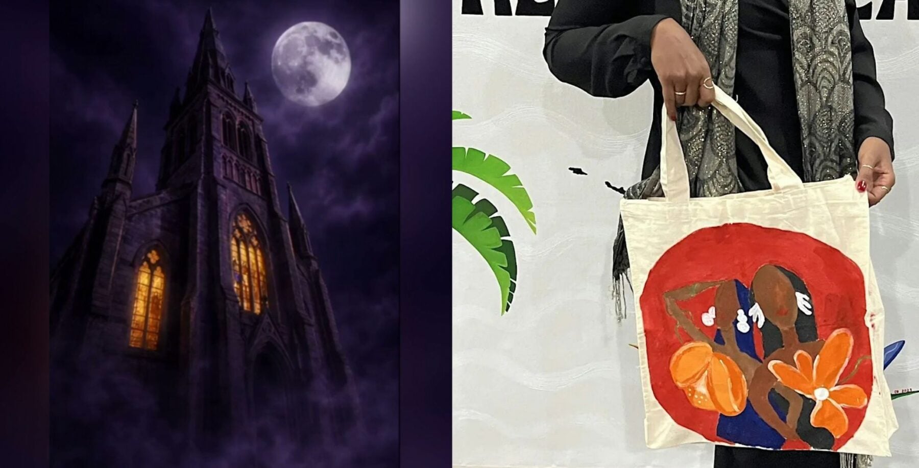 Night view of a Gothic cathedral illuminated under a full moon with a dark purple sky in Toronto.