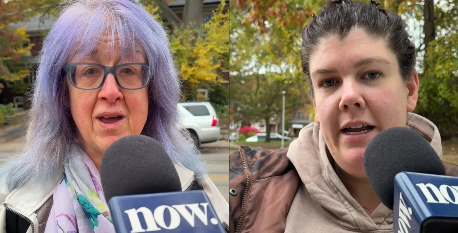 Two women speak to reporters holding a NOW Toronto microphone; outdoor setting with autumn leaves in the background.