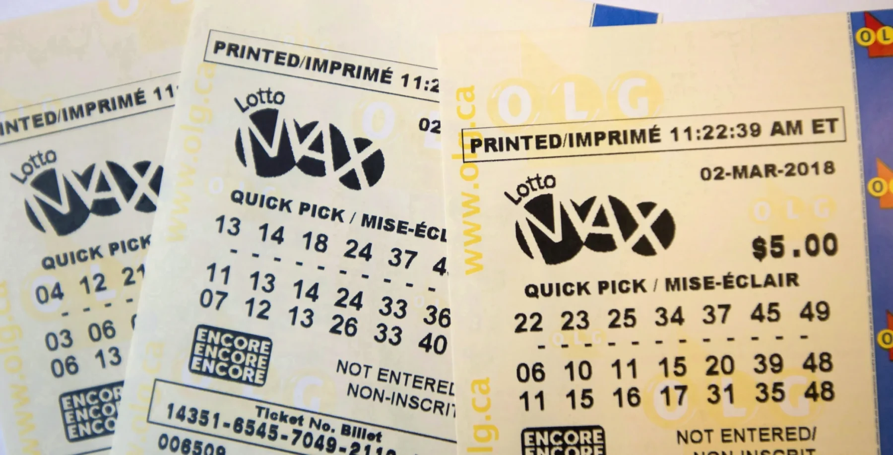 Canadian Lotto MAX quick pick ticket from March 2, 2018, showing selected numbers and purchase details, on a yellow background.
