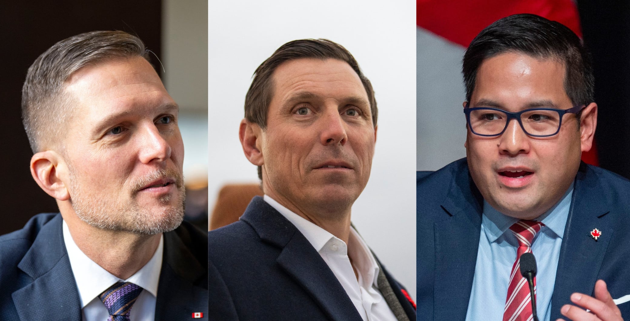 Three male politicians in formal attire, candid profiles, and a Canadian political setting, preparing for a press conference or debate.